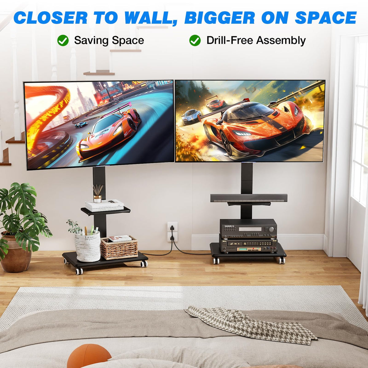 Black Mobile TV Stand 32-75 Inch with Power Outlet and Shelf X25934