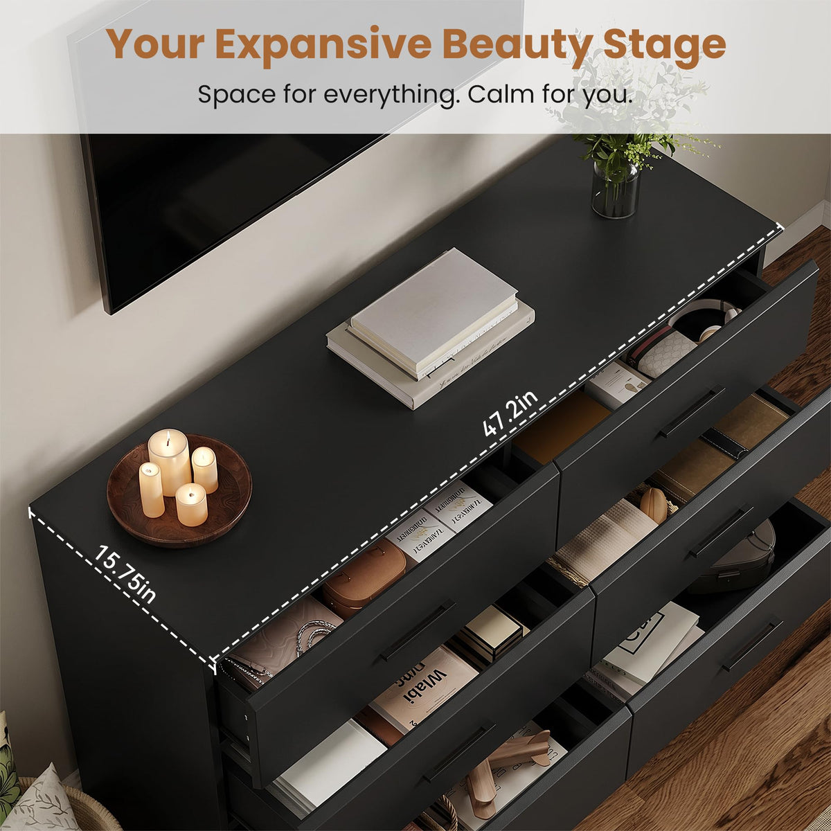 Black 6 Drawer Wood Dresser Y870