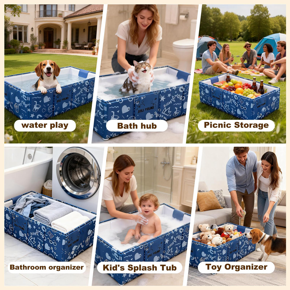 Foldable Dog Bathtub for Small to Medium Dogs & Cats, Blue H47383