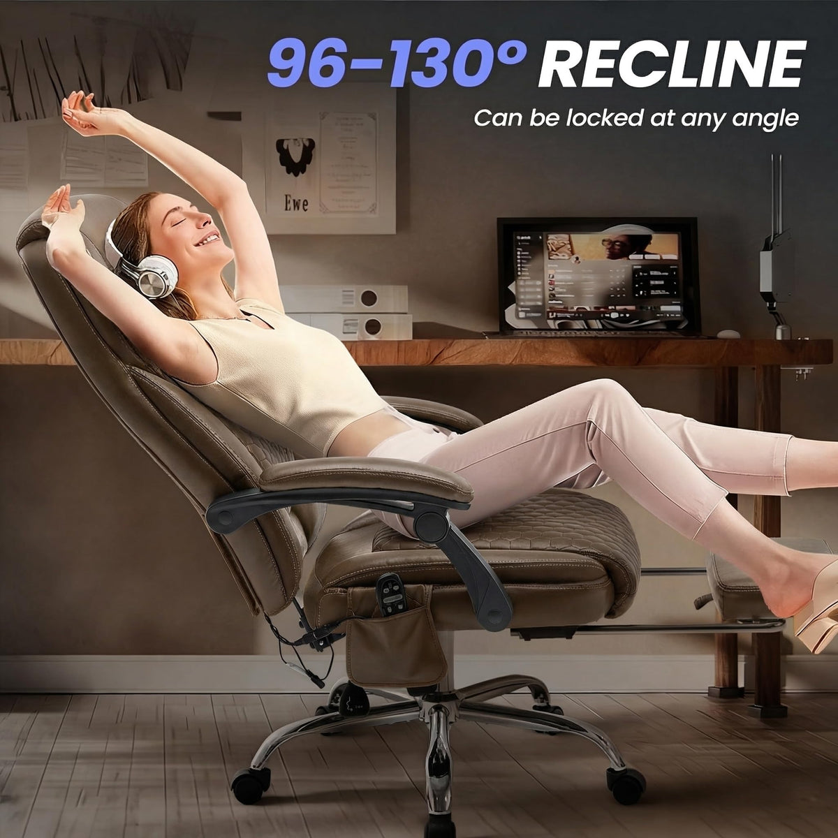 Brown Leather Massage Office Chair with Heat and Footrest K78964