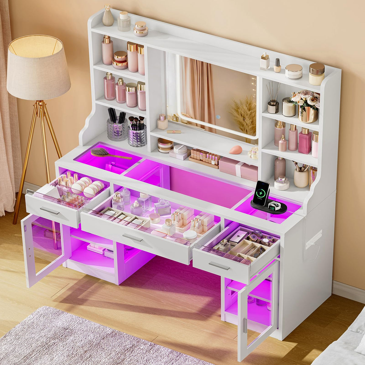 White Vanity Desk with Mirror and Lights O51556