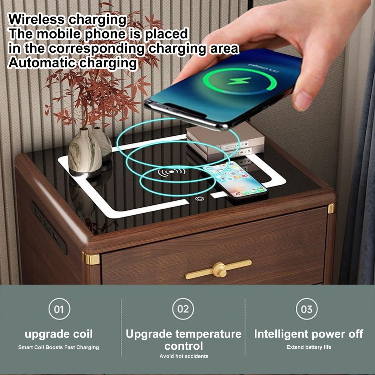 Solid Wood Nightstand with Wireless Charging Station and 2 Drawer Storage S395