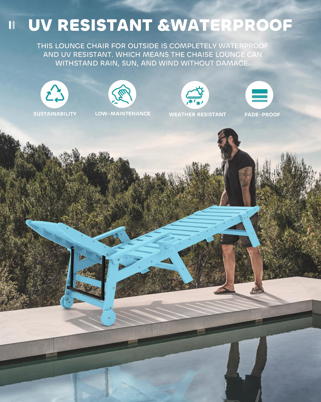 Light Blue Outdoor Lounge Chair Set of 2 with Cup Holder W542