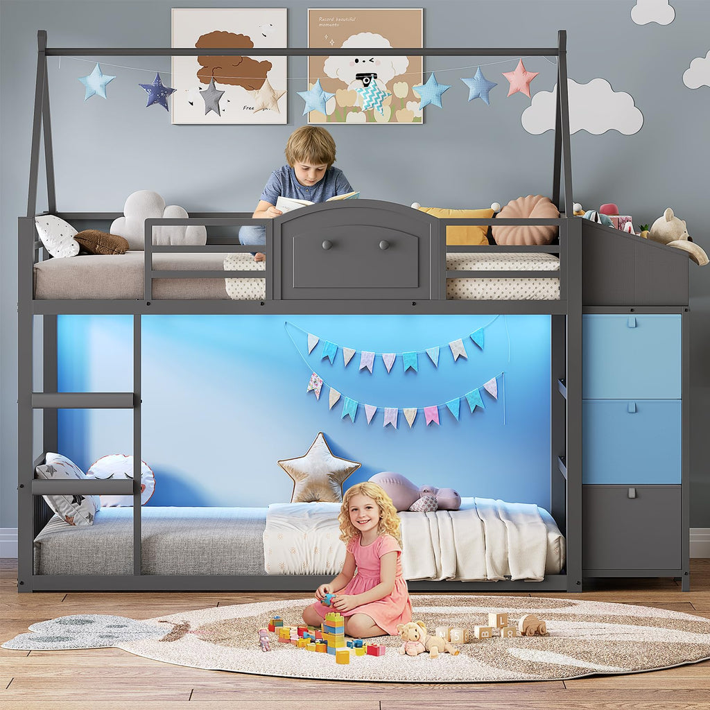 Twin Over Twin Bunk Bed with 3 Storage Drawers and Stairs O4532