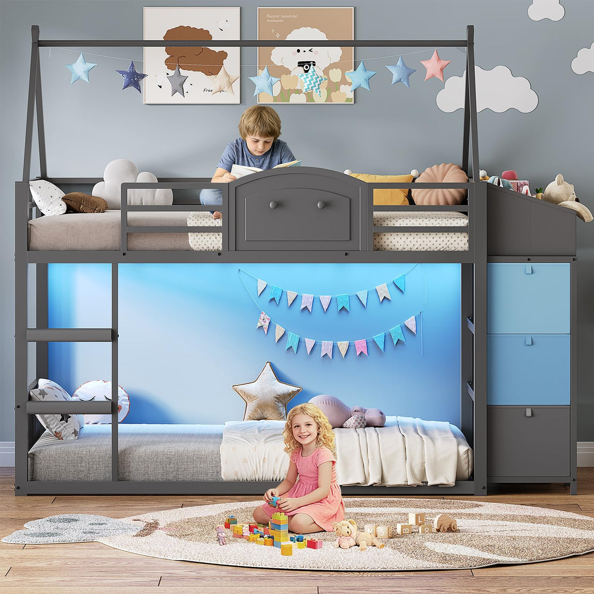 Twin Over Twin Bunk Bed with 3 Storage Drawers and Stairs O4532