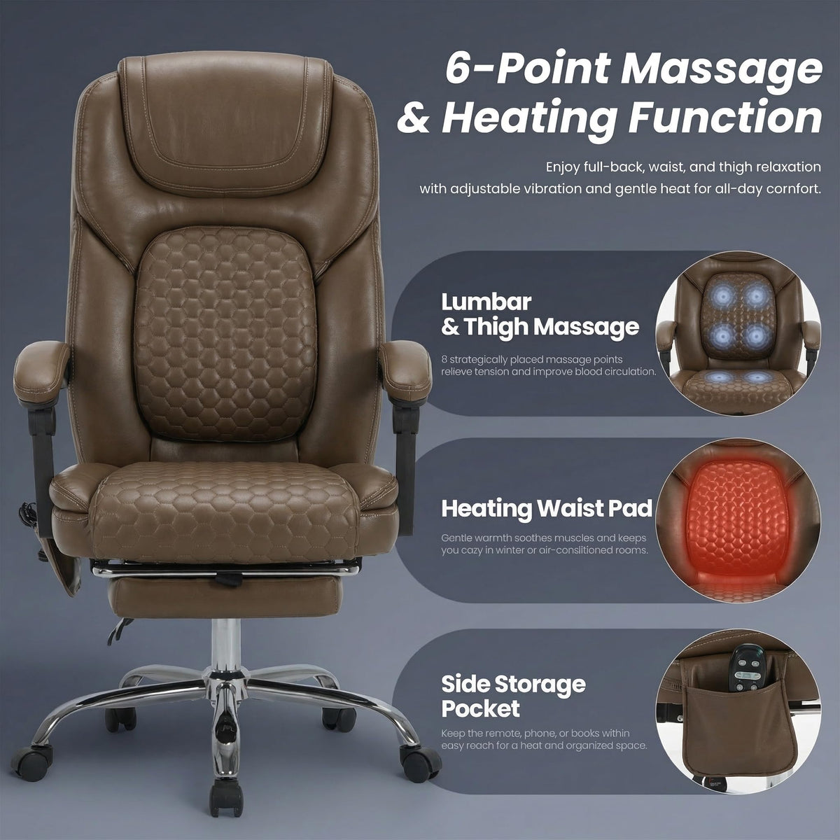 Brown Leather Massage Office Chair with Heat and Footrest K78964
