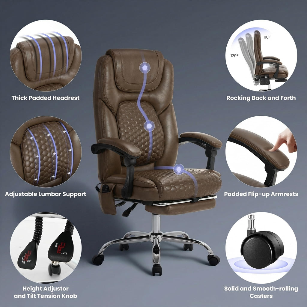 Brown Leather Massage Office Chair with Heat and Footrest K78964