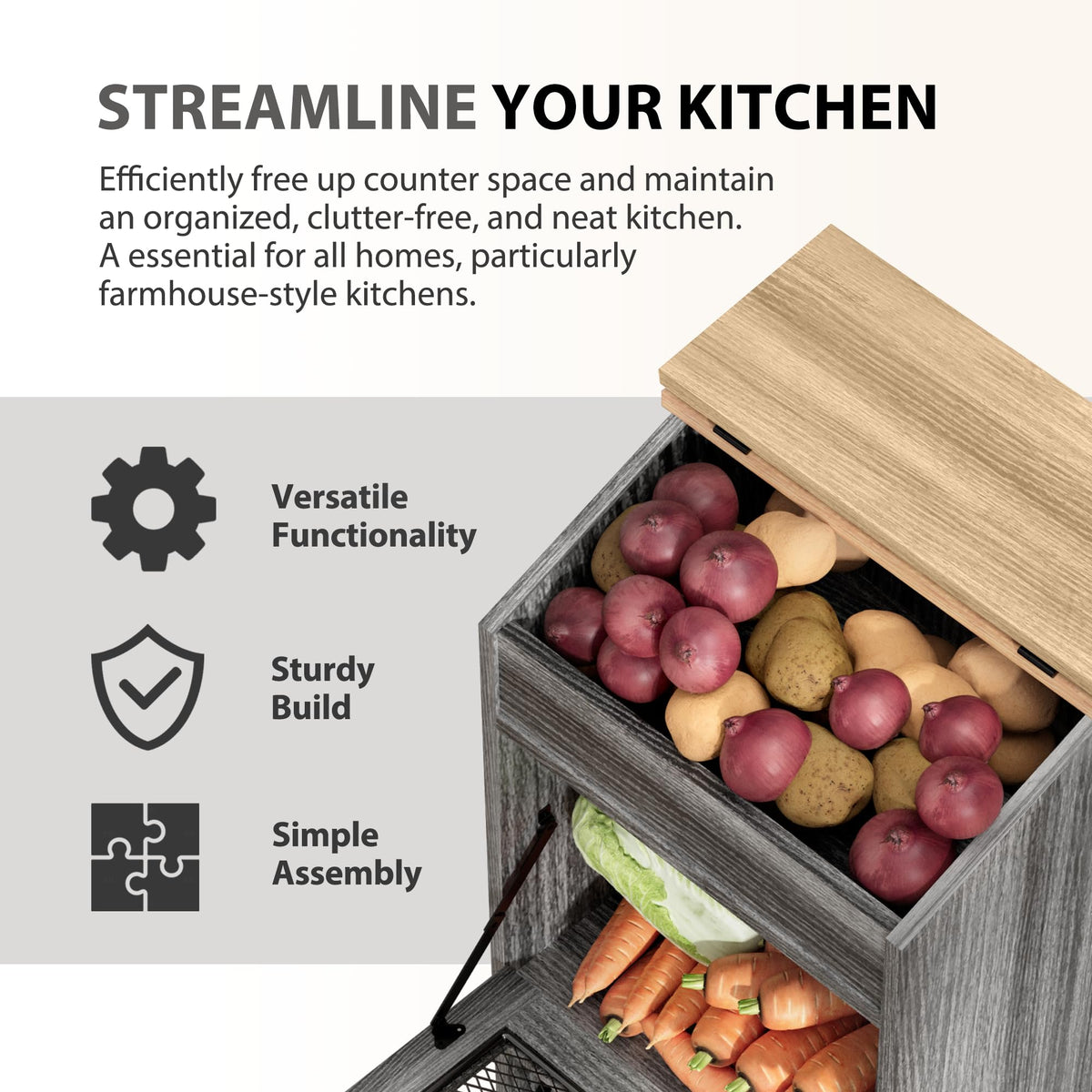Wooden Potato and Onion Storage Bin with Lid G9057