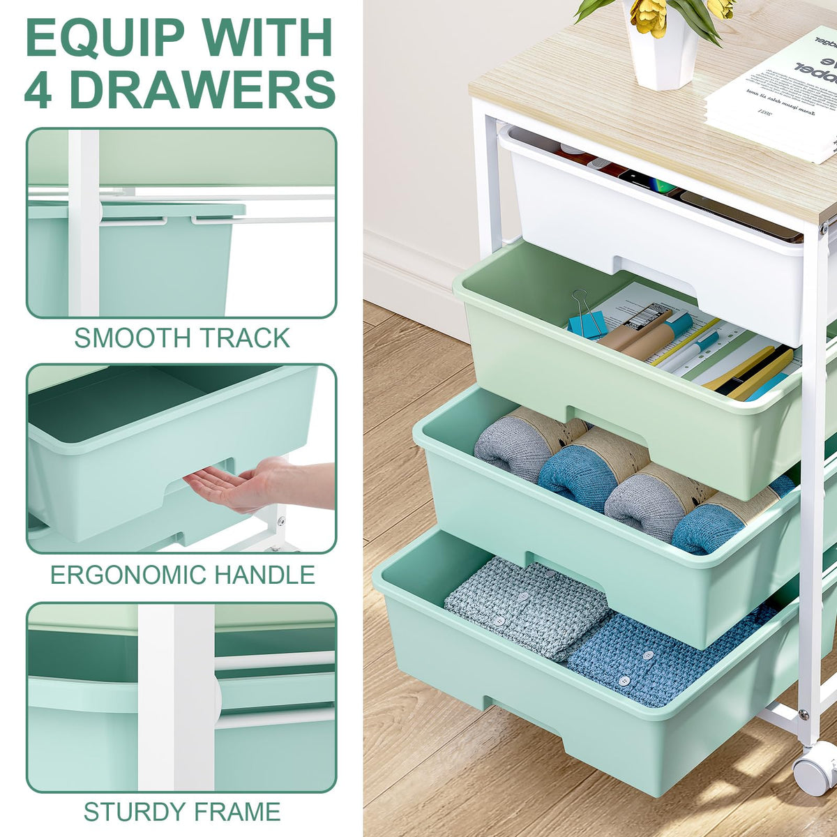 Rolling Cart with Drawers, 4-Drawer Utility Cart, Green V237601