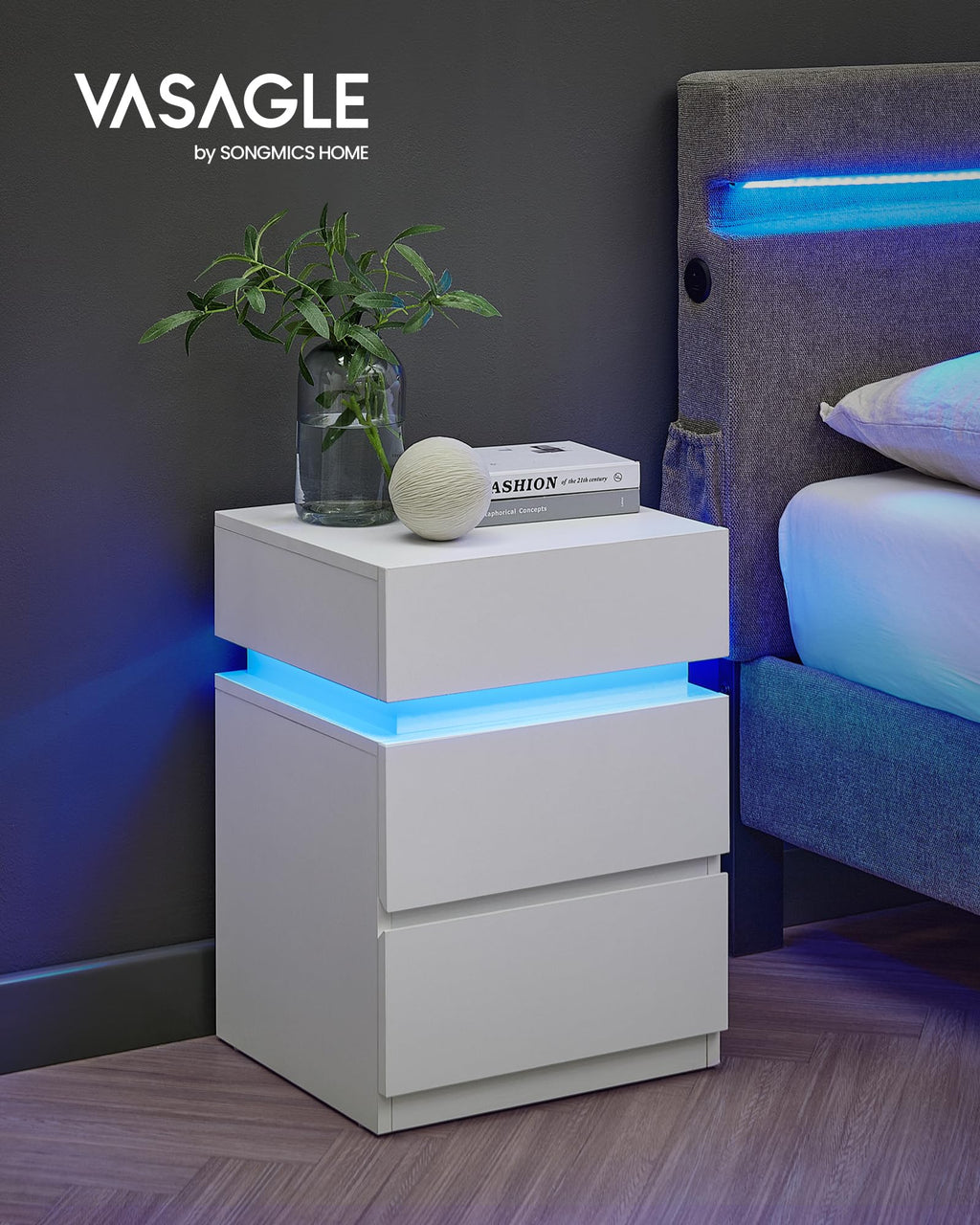 LED Nightstand with Charging Station, 3 Drawers F3586