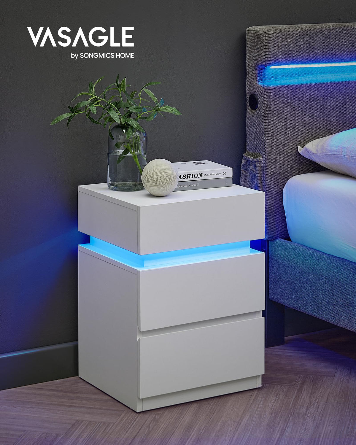 LED Nightstand with Charging Station, 3 Drawers F3586