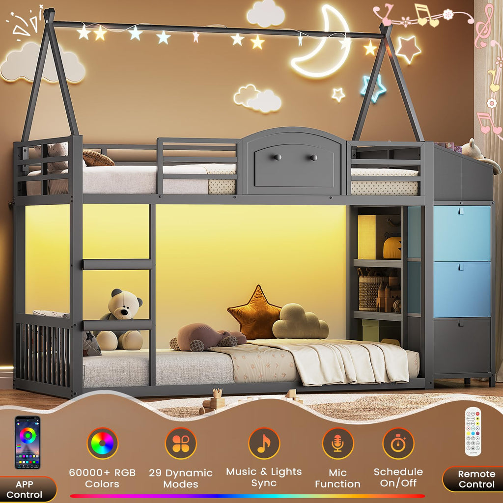 Twin Over Twin Bunk Bed with 3 Storage Drawers and Stairs O4532