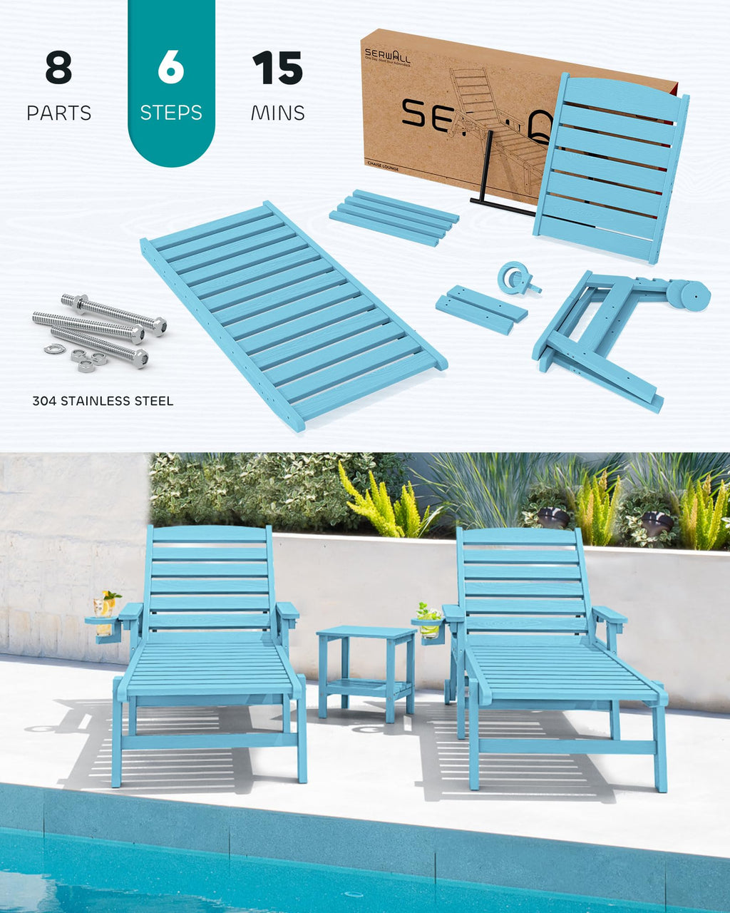 Light Blue Outdoor Lounge Chair Set of 2 with Cup Holder W542