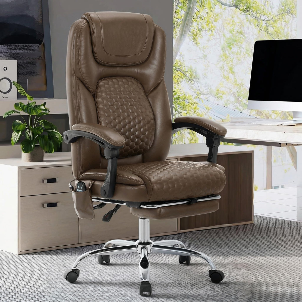 Brown Leather Massage Office Chair with Heat and Footrest K78964