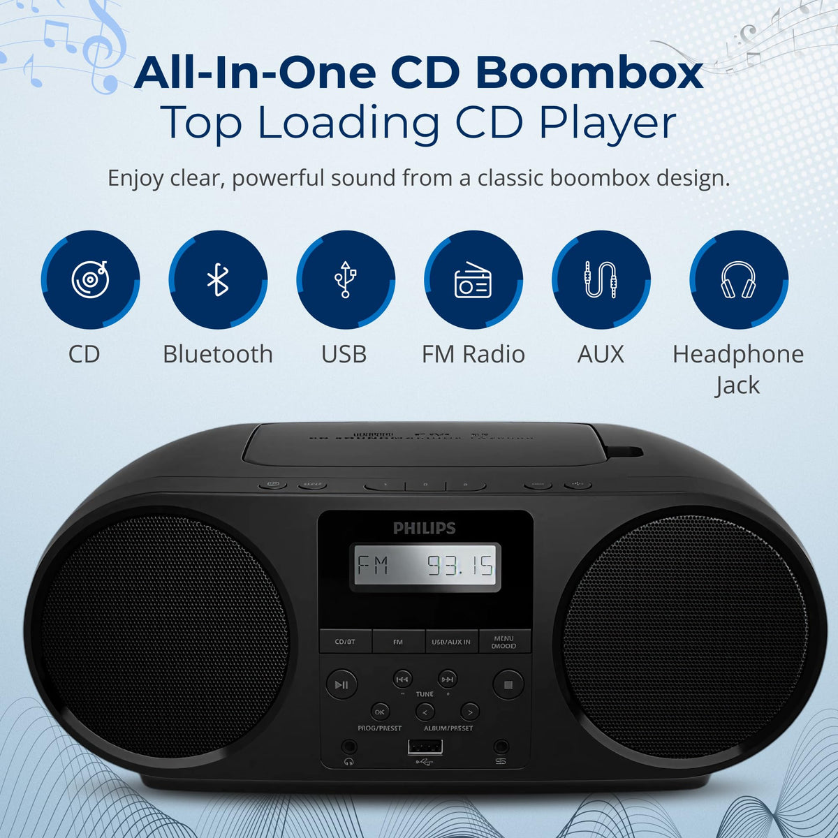 Portable CD Player Boombox with Bluetooth FM Radio USB Aux Input U62910