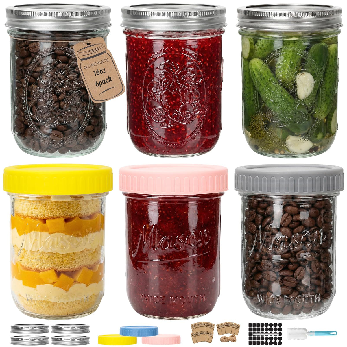 16oz 6-Pack Wide Mouth Glass Mason Jars with Airtight Lids P90225
