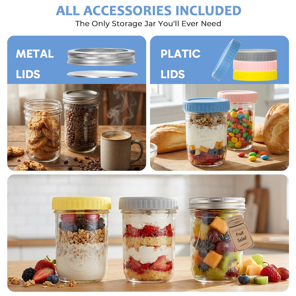 16oz 6-Pack Wide Mouth Glass Mason Jars with Airtight Lids P90225