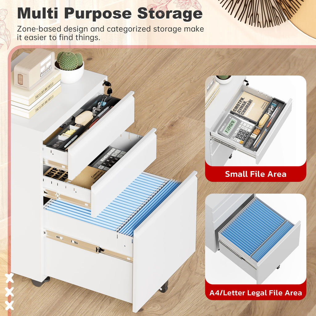 White 3 Drawer Metal Rolling File Cabinet Y3449