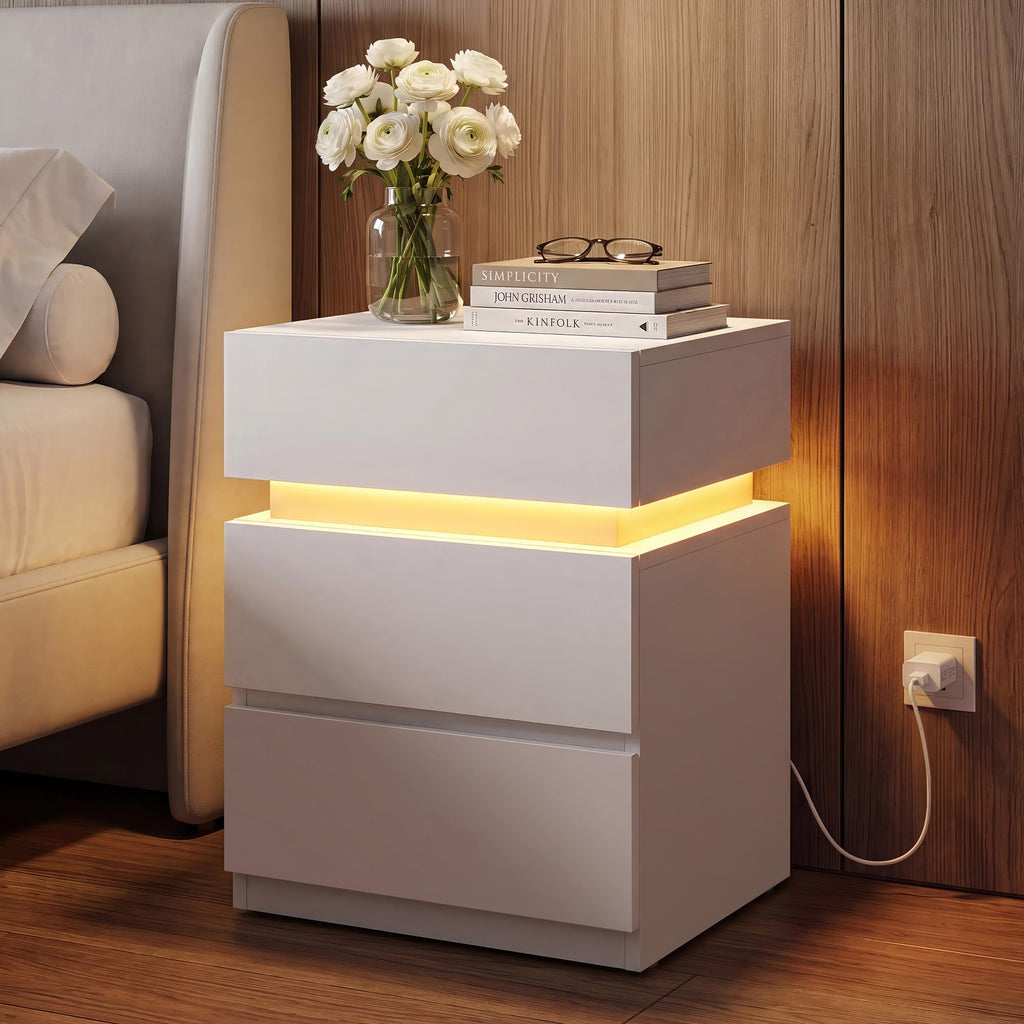 LED Nightstand with Charging Station, 3 Drawers F3586