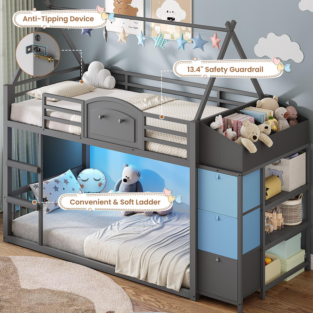 Twin Over Twin Bunk Bed with 3 Storage Drawers and Stairs O4532