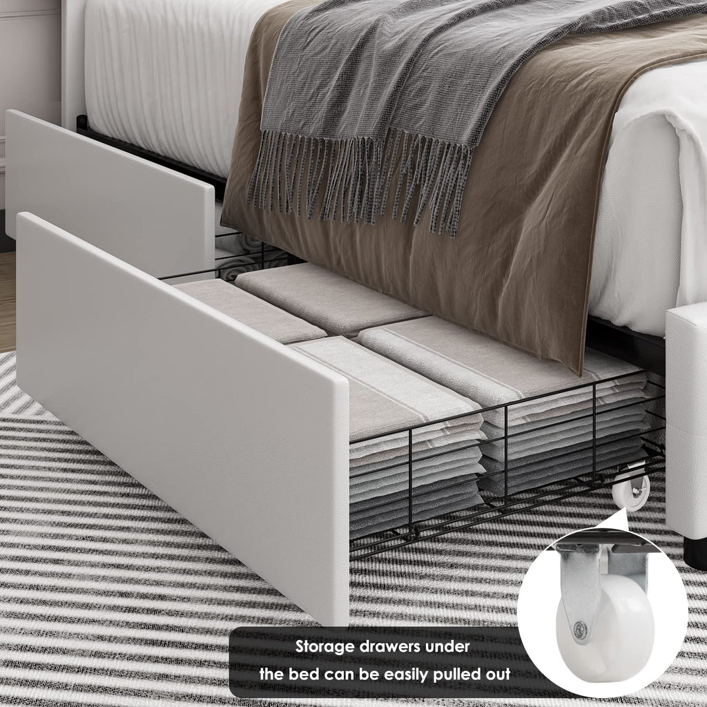 Full Size White Faux Leather Upholstered Platform Bed Frame with 4 Storage Drawers S627