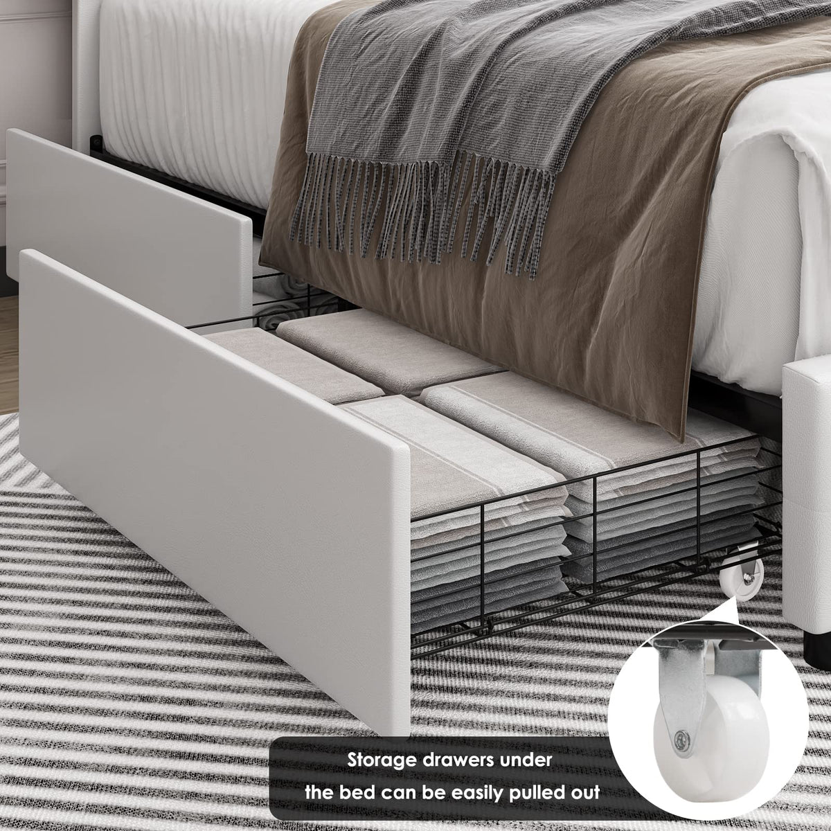 Full Size White Faux Leather Upholstered Platform Bed Frame with 4 Storage Drawers S627