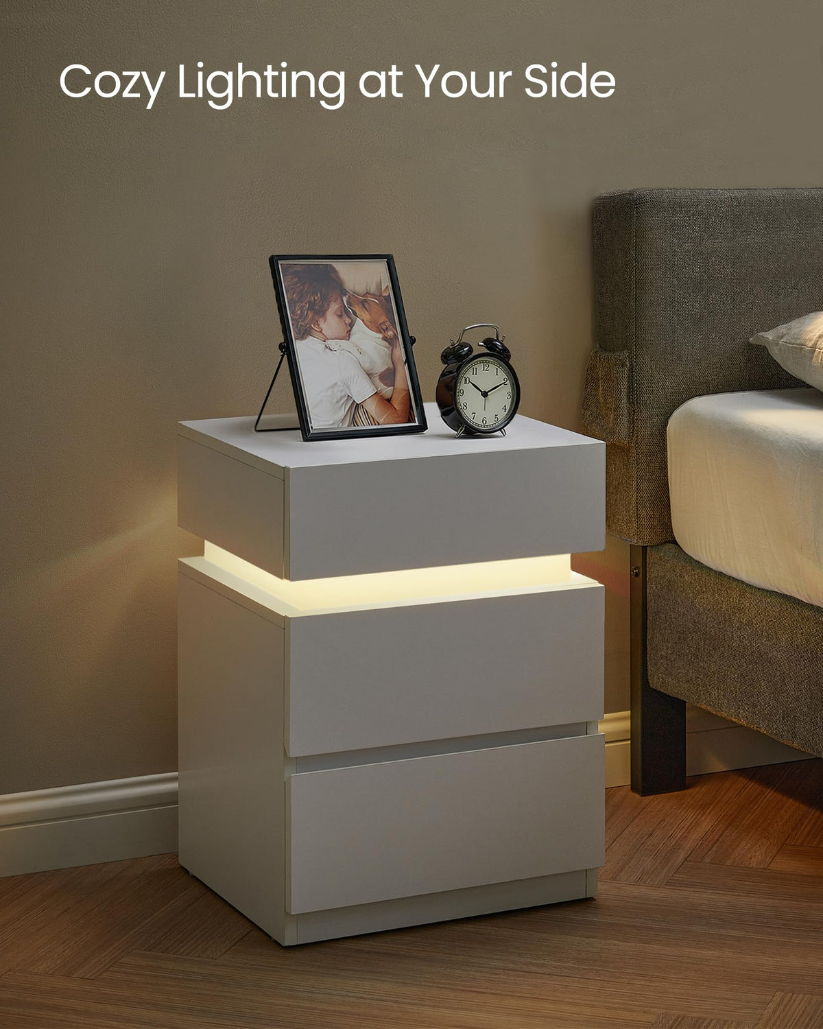 LED Nightstand with Charging Station, 3 Drawers F3586