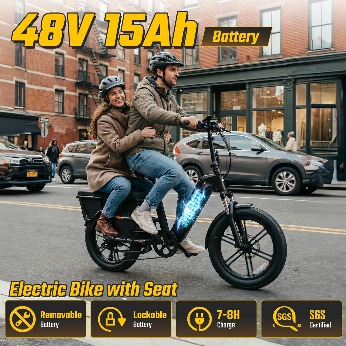 Electric Bike with Seat, 1500W Motor 20" Fat Tire, 48V 15Ah Battery V3641