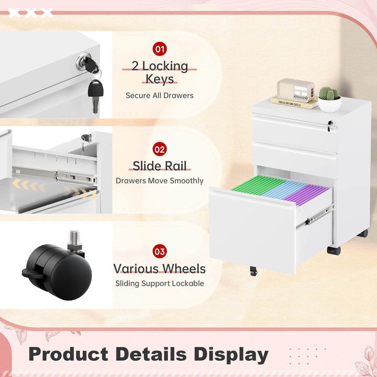 White 3 Drawer Metal Rolling File Cabinet Y3449