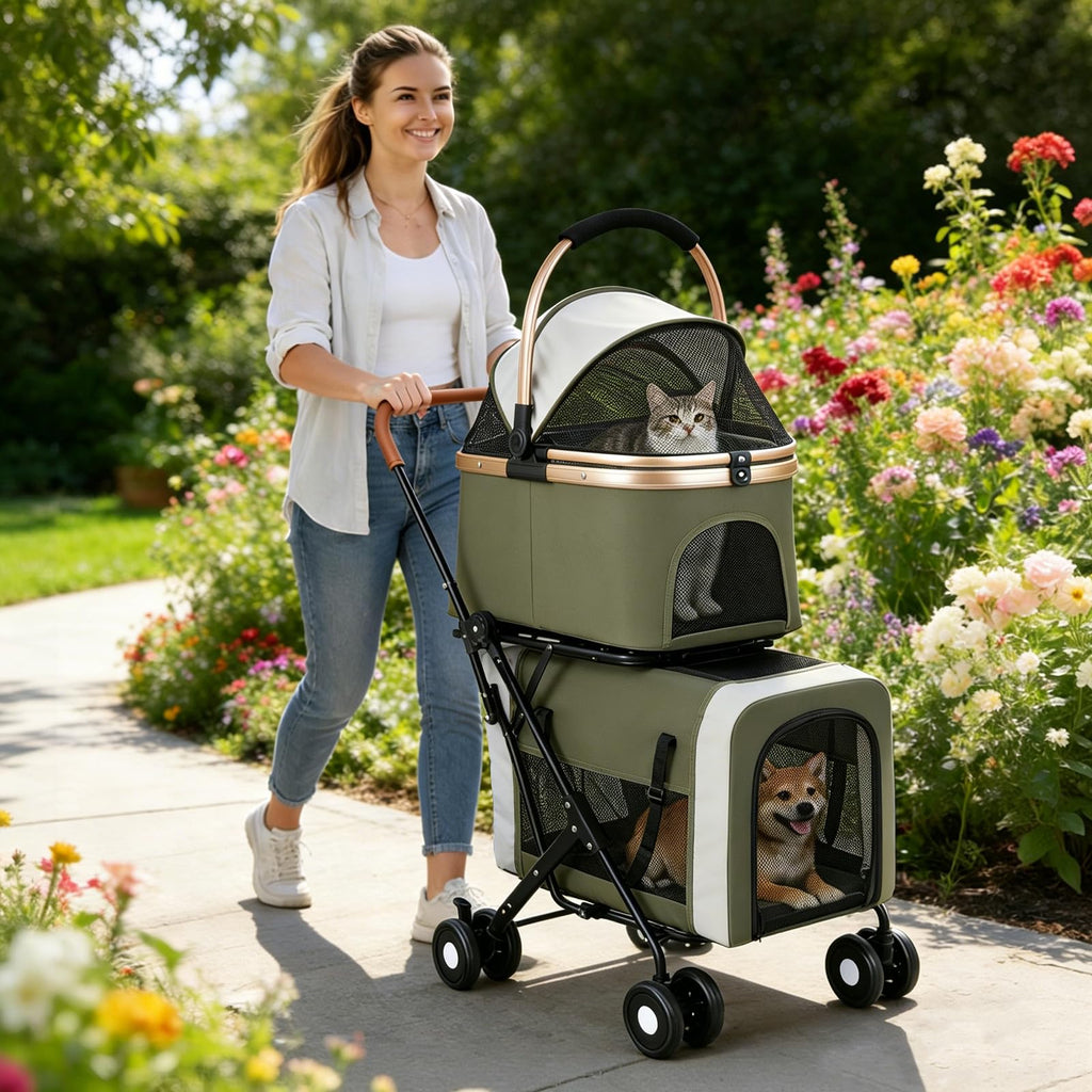 Foldable Double Pet Stroller with Detachable Carriers and 4 Lockable Wheels N8775