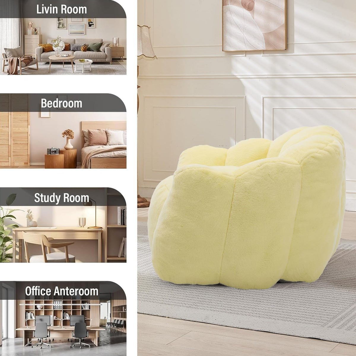 Large Yellow Faux Fur Bean Bag Chair J3047