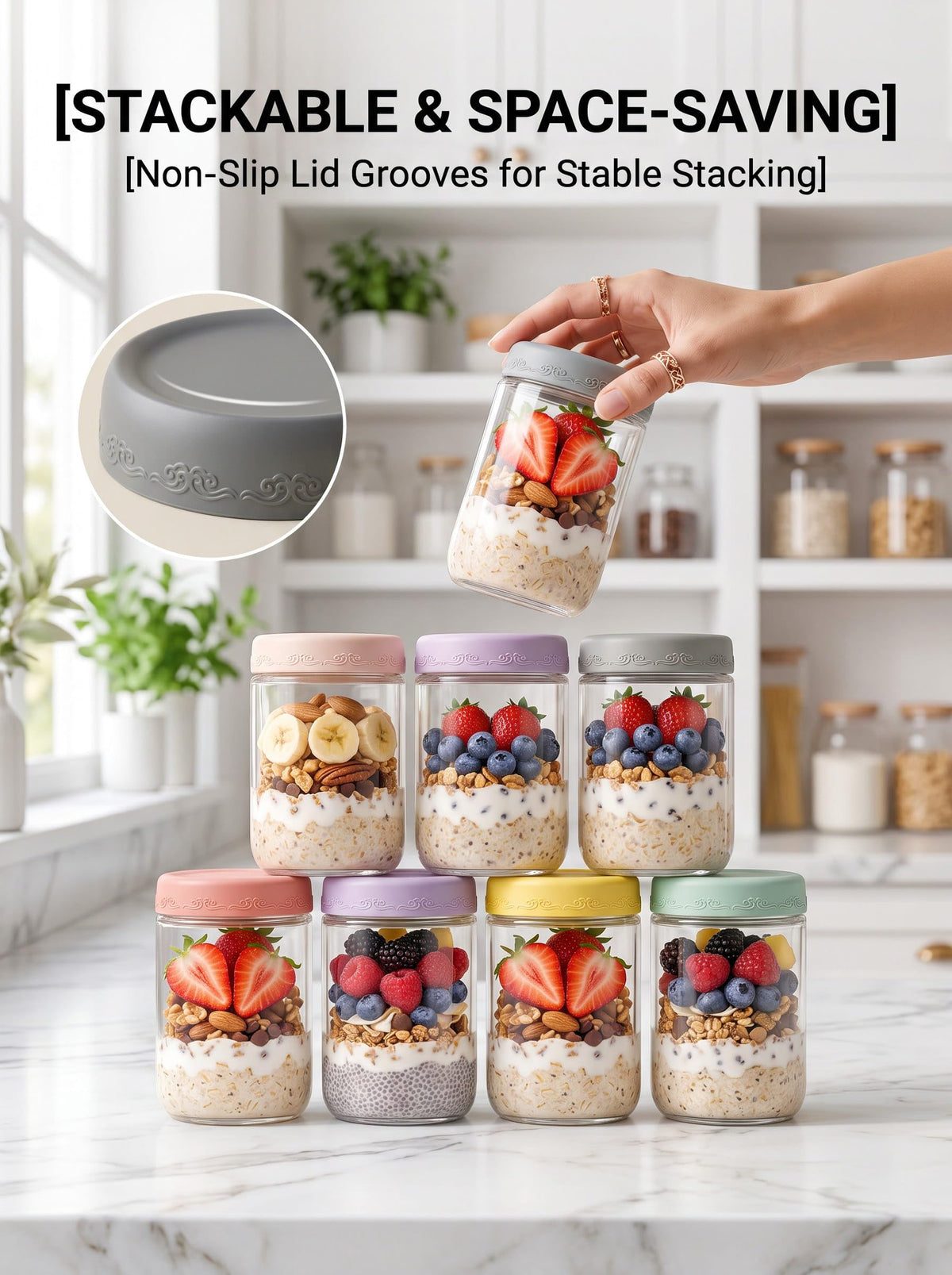 16oz 12-Pack Glass Overnight Oats Jars with Airtight Lids G6170
