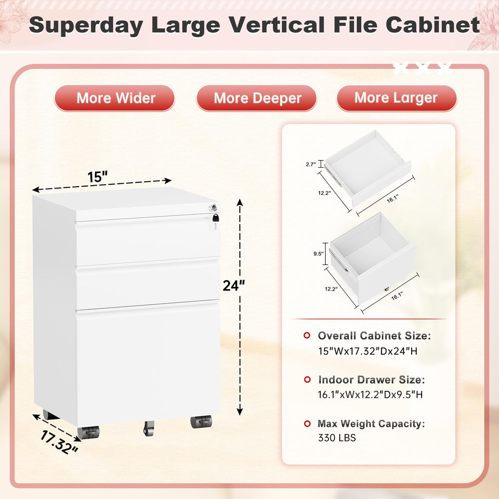 White 3 Drawer Metal Rolling File Cabinet Y3449