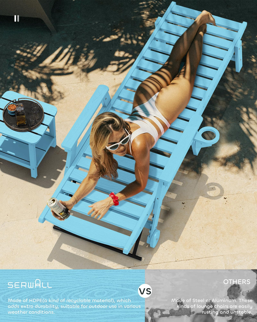 Light Blue Outdoor Lounge Chair Set of 2 with Cup Holder W542