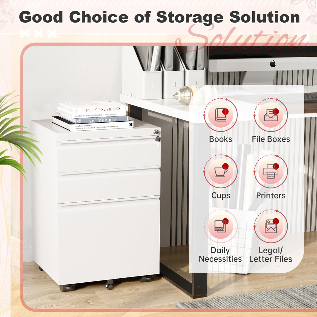 White 3 Drawer Metal Rolling File Cabinet Y3449
