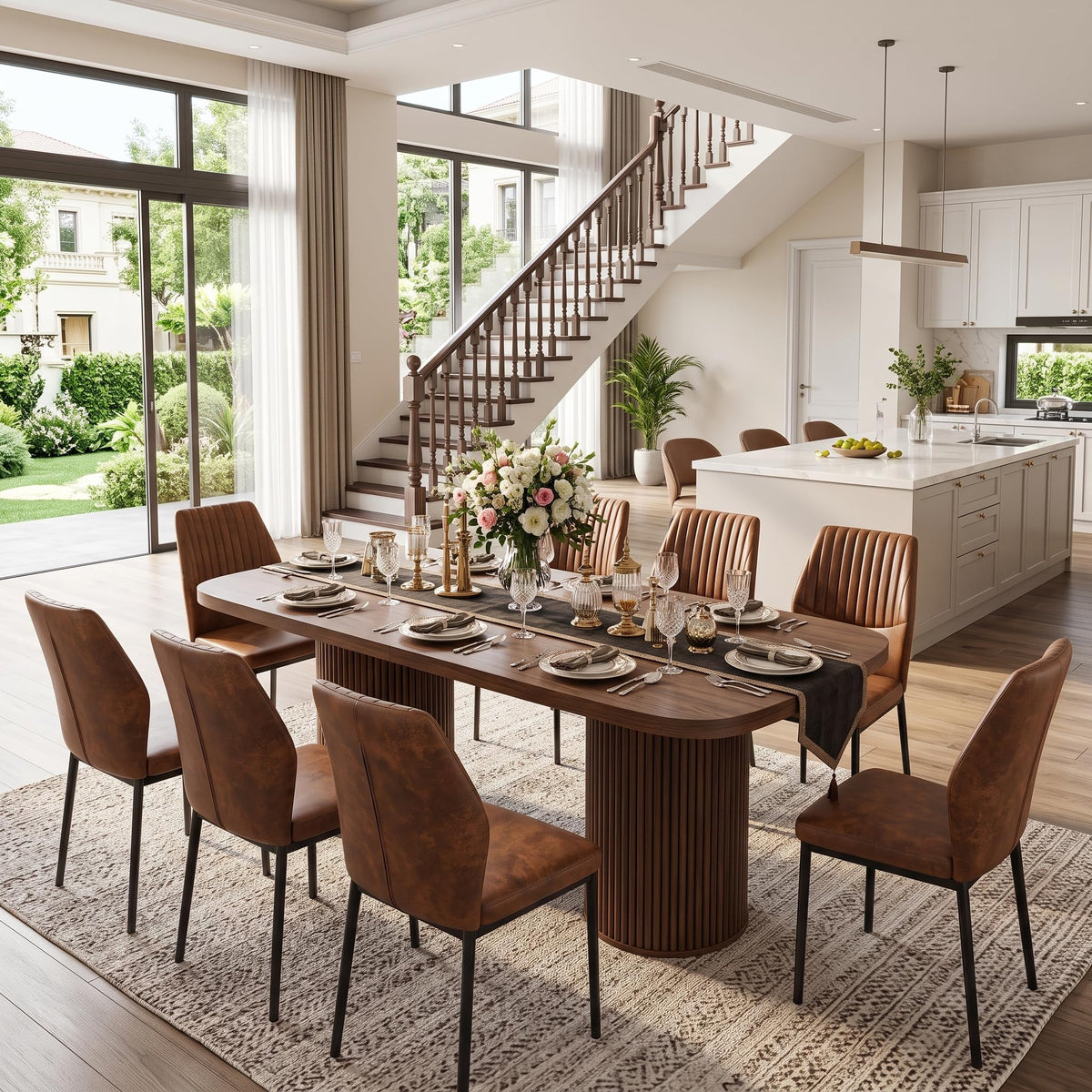 79" Rectangular Wood Dining Table Set for 8 with Cushioned Chairs B453