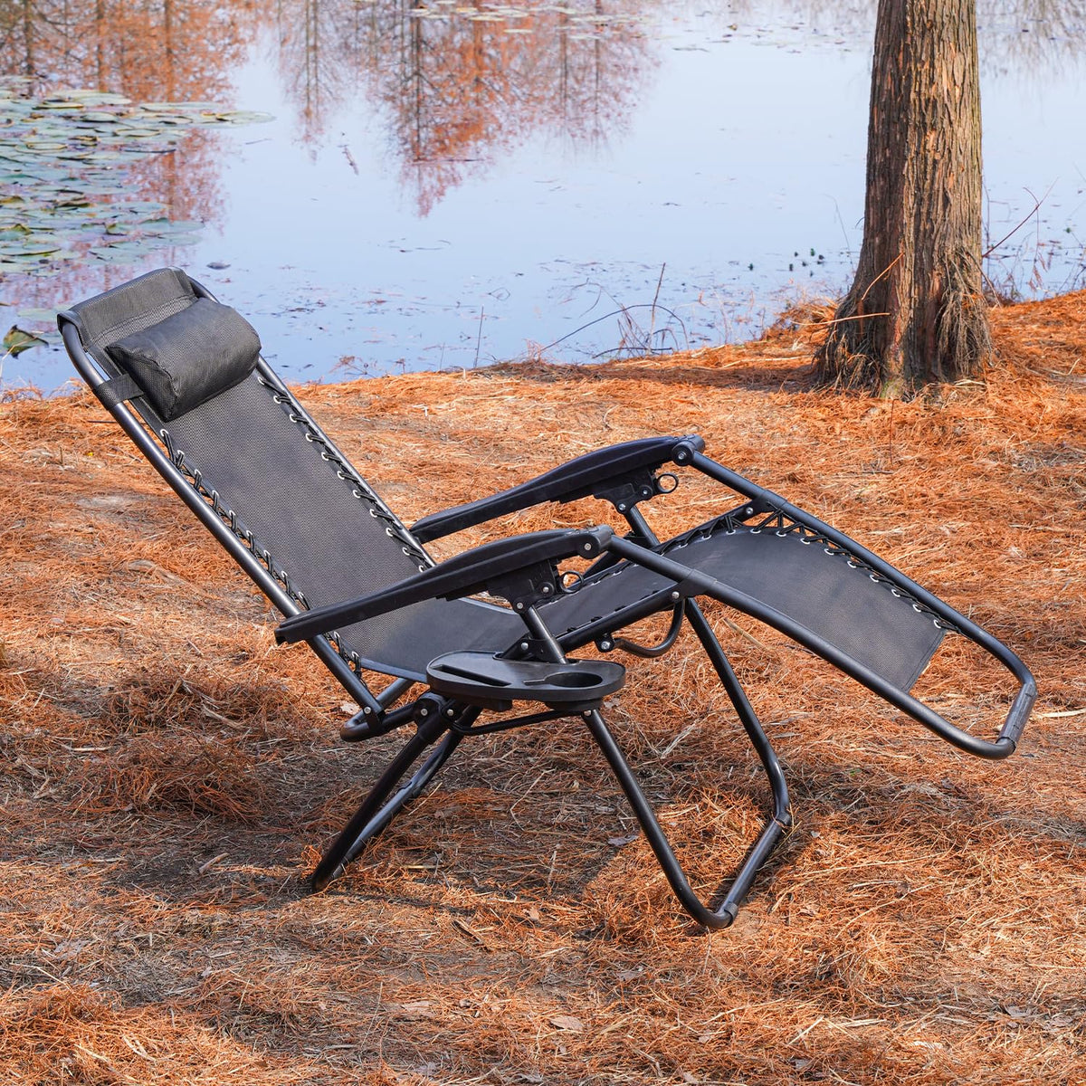 Black Adjustable Steel Mesh Zero Gravity Lounge Chair with Pillow and Cup Holder A685